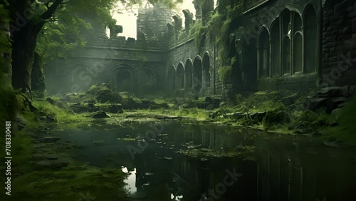 A murky pond lies eerily still reflecting an abandoned castle in its depths. Weeds have overtaken most of the stonework leaving only crumbling walls to mark the tomb of what once photo