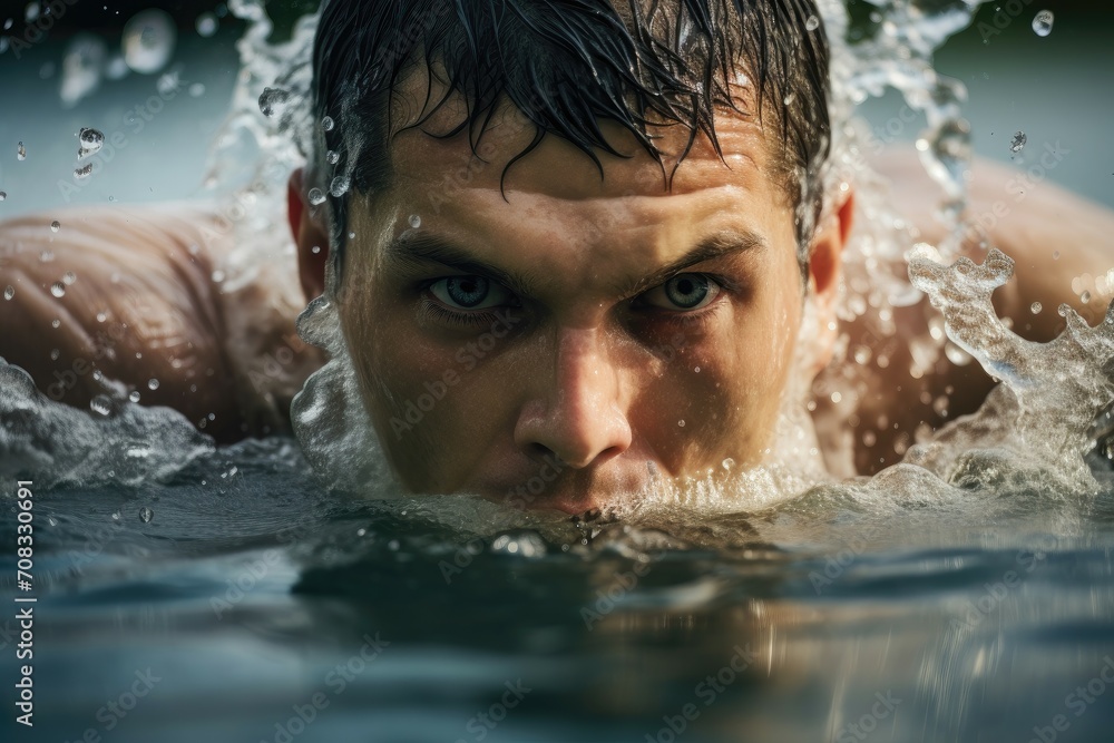 Man swimming in a pool, focused and splashing water around.