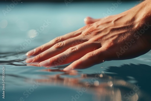 Close-up of a hand softly grazing the surface of water, creating a disturbance.