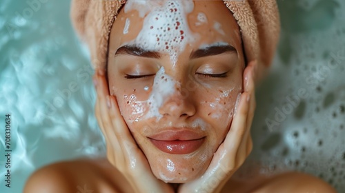 Effectively Cleaning Her Skin With A Face Wash Exfoliation Scrub Soap. Generative Ai.