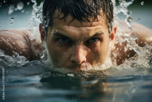 Man swimming in a pool, focused and splashing water around. © AdriFerrer