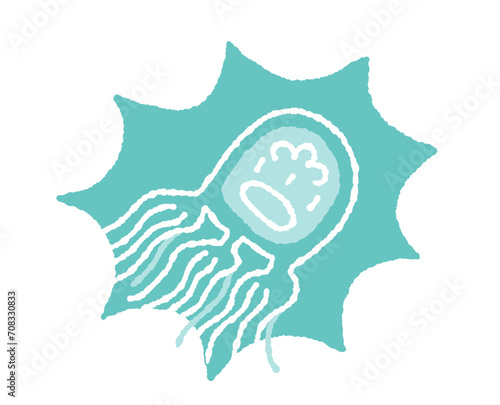 水中を浮遊する海洋危険生物ハブクラゲの手描きイラスト
