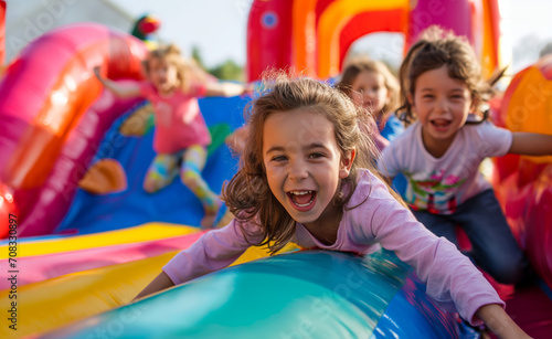 Children having fun in a bouncy house. © Curioso.Photography