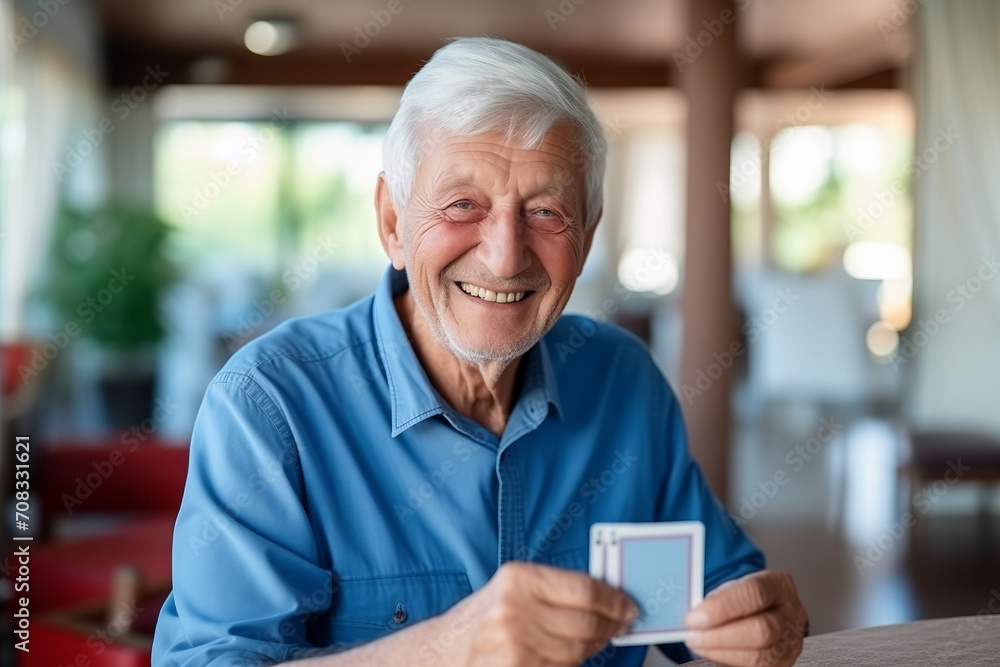 Happy senior man playing card games with friends, activity social networking in nurs home. Concept enjoying playtime together in poker game, old men Happy senior man playing card games with friends, activity social networking in nurs home. Concept enjoying playtime together in poker game, old men