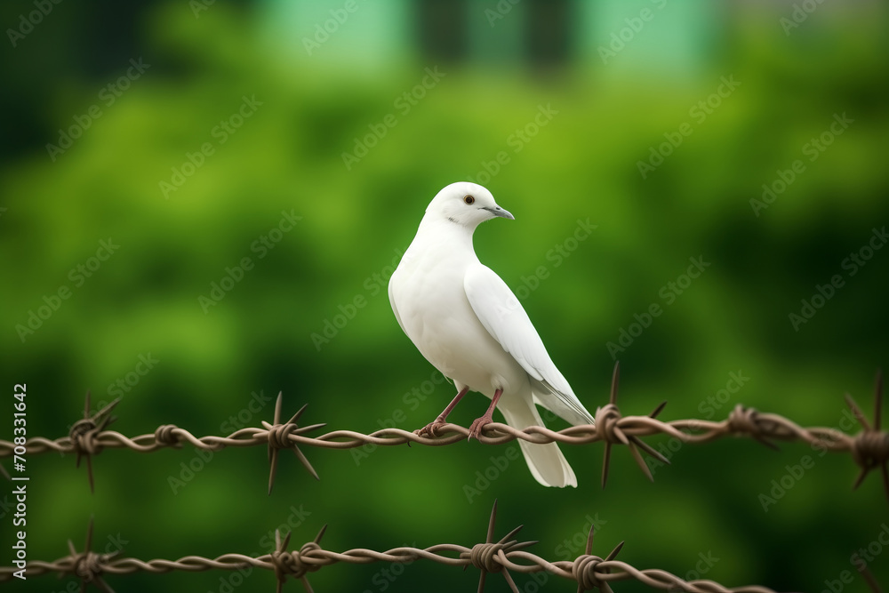 Obraz premium White dove of freedom on Pakistan flag background and barbed wire, concept Kashmir Solidarity Day 5th Feb