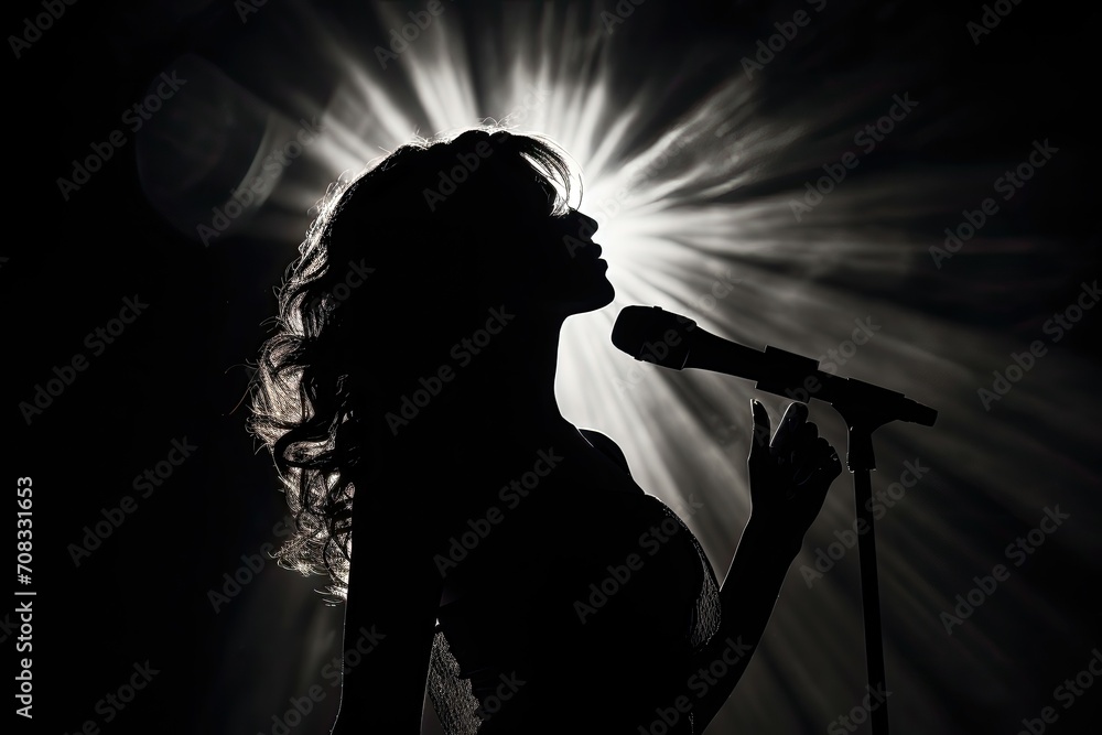 Singer's silhouette against an explosive stage light, capturing her performance.
