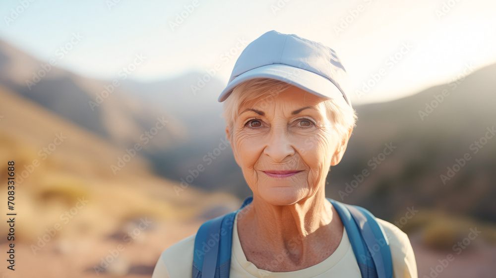 Portrait happy elder woman hiker with backpacks walks in mountains at sunset, elderly tourist adventure.