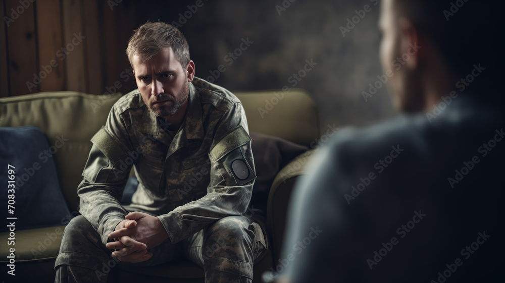 Session psychology after war. Soldier talking to doctor, have therapy with psychologist. Concept Post traumatic stress disorder in army. - obrazy, fototapety, plakaty 