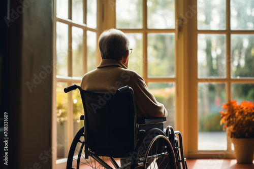 Back view Lonely sad elderly person in wheelchair in home nursing looking out window photo