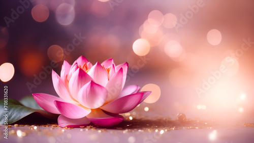 Pink water lily or lotus flower with bokeh background with copyspace. Concept Vesak day Buddhist lent, Buddha birthday © Adin