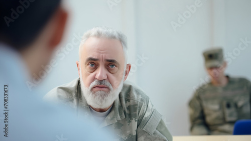 Concept Post traumatic stress disorder in army. Session psychology after war. Soldier talking to doctor, have therapy with psychologist