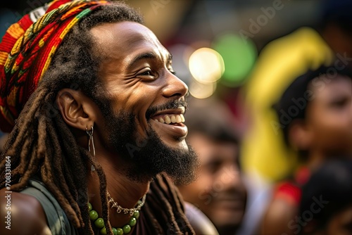 Smiling man with dreadlocks and colorful headwear in a crowd.