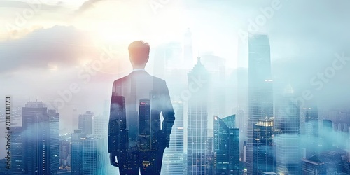 Corporate visionary. Double exposure of businessman gazing into urban horizon reflecting success innovation and future leadership. Ideal for capturing essence of modern executive thinking © Bussakon