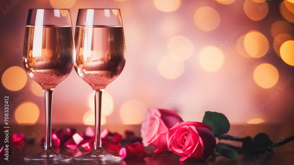 Two glasses of vine with pink rose petals with bokeh background. Two glasses of vine with pink rose petals with bokeh background.