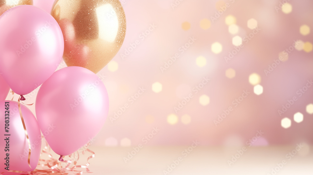 Shiny pink and golden glitter balloons on light pink soft pastel background.