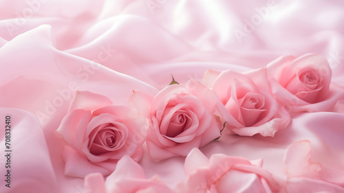 Pink roses and pink rose petals on soft silk.