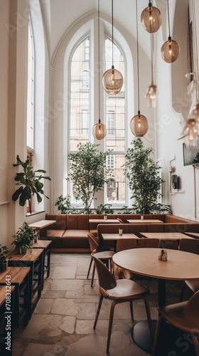 Elegant European-style indoor cafe with large windows