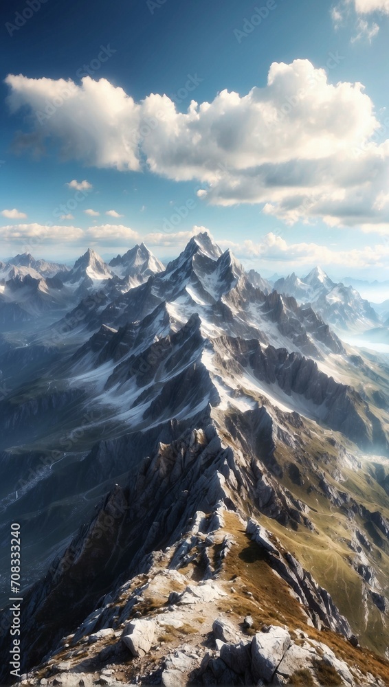 A towering mountain, cloaked in snow, stands beneath a cloudy sky, creating a majestic and serene scene