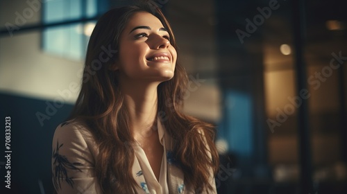 Explore hyper-realism in showcasing a businesswoman radiating positivity and happiness within a corporate office environment