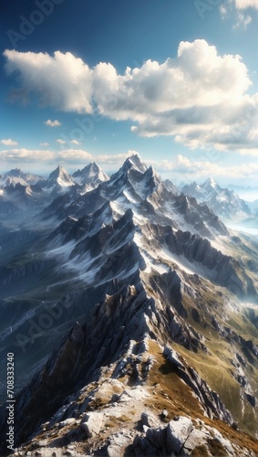 A towering mountain, cloaked in snow, stands beneath a cloudy sky, creating a majestic and serene scene