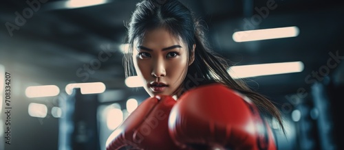 Asian woman practicing self-defense combat training in boxing gloves, focusing on Muay Thai strikes.