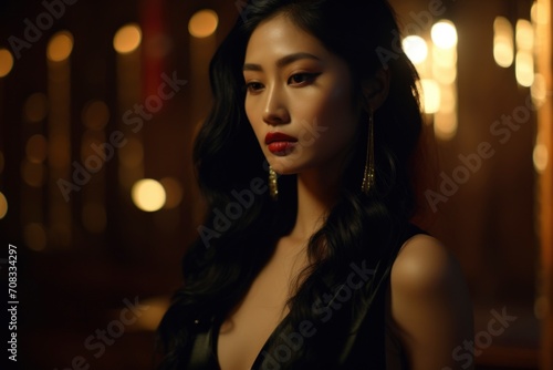 Asian woman wear black dress with gold luxury background © Instacraft.Studio