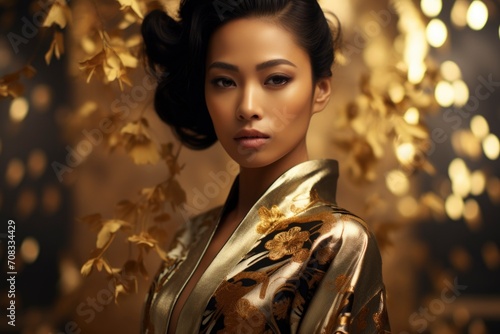 Asian women wear luxurious gold nightgowns with floral embroidery motifs photo