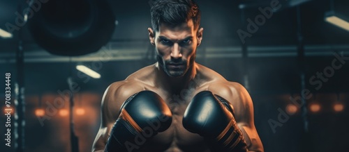 Man engages in martial arts and fitness, practicing kickboxing, MMA, and battling in the gym. He is a powerful athlete, exercising and training with gloves as a strong boxer in the club.