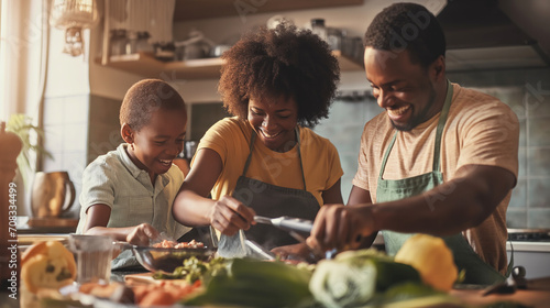 Black family in the kitchen cooking together