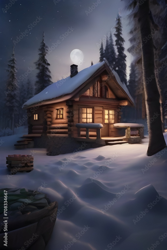 Wooden house in the winter forest at night with full moon.