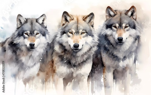 Artistic image of a wolf pack. collection of canvas art animal paintings  in watercolor style. generative ai