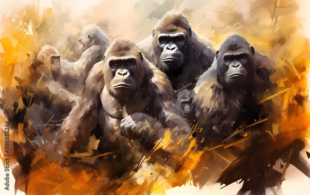 Artistic image of a herd of gorillas. collection of canvas art animal paintings, in watercolor style. generative ai Artistic image of a herd of gorillas. collection of canvas art animal paintings, in watercolor style. generative ai