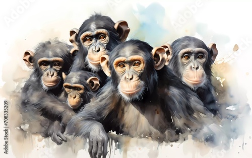 Artistic image of a herd of monkeys. collection of canvas art animal paintings, in watercolor style. generative ai