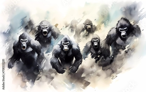 Artistic image of a herd of gorillas. collection of canvas art animal paintings, in watercolor style. generative ai