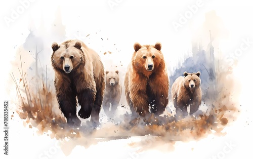 Artistic image of a herd of bears. collection of canvas art animal paintings, in watercolor style. generative ai