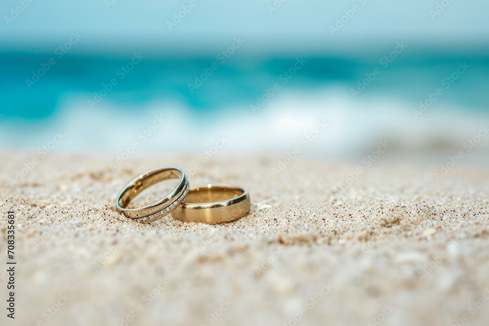 close up view, a Pair of gold rings with jewelry, on tropical island beach during summer with blue ocean background, honeymoon or wedding concept... close up view, a Pair of gold rings with jewelry, on tropical island beach during summer with blue ocean background, honeymoon or wedding concept...