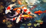 Artistic image of a flock of koi fish. collection of canvas art animal paintings, in watercolor style. generative ai