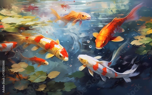 Artistic image of a flock of koi fish. collection of canvas art animal paintings, in watercolor style. generative ai