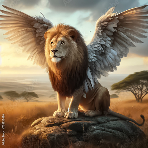 A lion with feathers and wings on a rock in the middle of the forest.