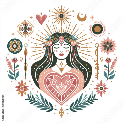 Boho sacred heart reiki magic woman mystical symbol flat holistic healing meditation new age concepta