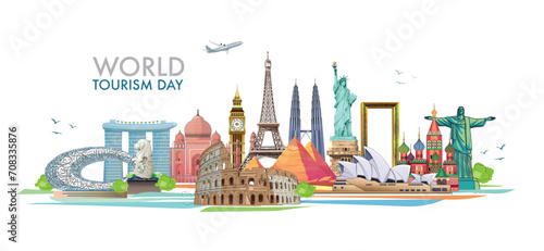 travel and tours illustrations vector background.Famous landmark around the world grouped together.tourism poster road trip holiday vacation and time to travel banner. photo
