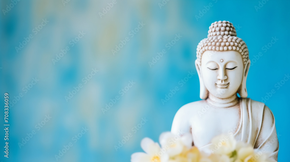 Buddha statue meditate on harmony background with light bokeh. Banner Vesak day