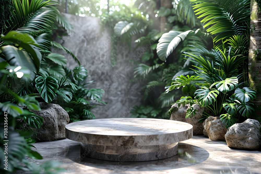 Marble Podium Circular tropical natural leafs plants, cosmetic product placement pedestal present promotional stand showcase scene for product presentation
Marble Podium Circular tropical natural leafs plants, cosmetic product placement pedestal present promotional stand showcase scene for product presentation