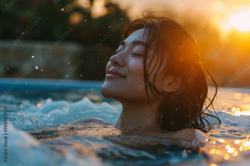 A serene Asian woman enjoying a spa hot tub during twilight with last sun rays on her face and natural backdrop