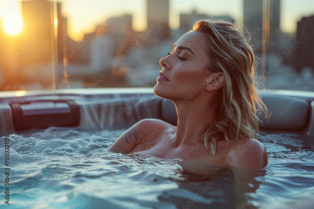 A serene blonde model enjoying a spa hot tub during twilight with last sun rays and busy city skyline in background - obrazy, fototapety, plakaty 