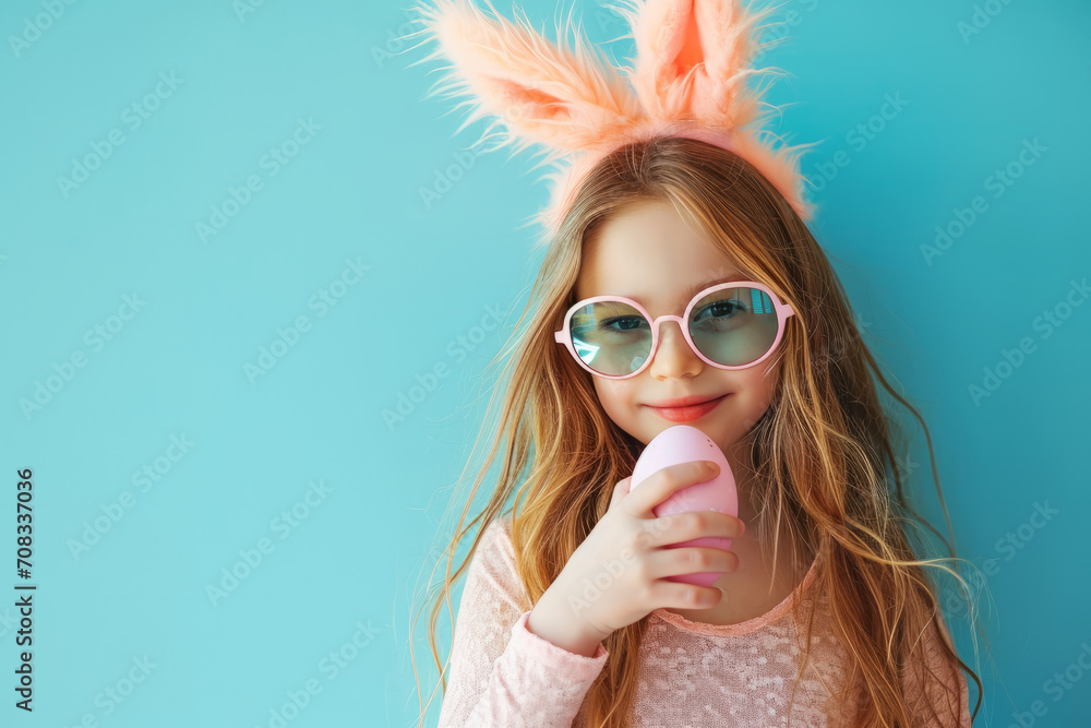 A stylish young girl poses with bunny ears and sunglasses for Easter holiday, holding a easter egg and vibrant colors A stylish young girl poses with bunny ears and sunglasses for Easter holiday, holding a easter egg and vibrant colors