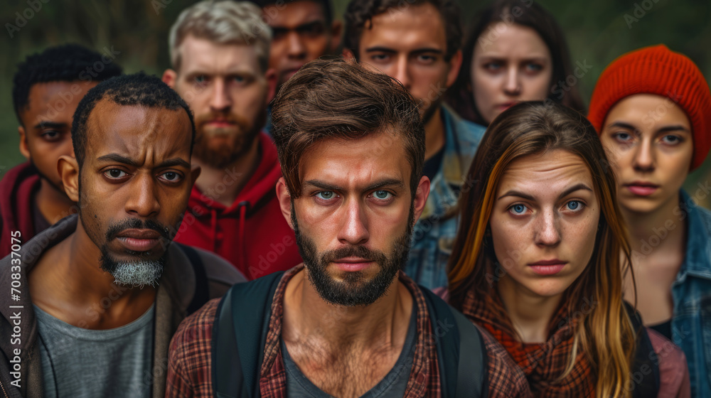 Diverse group of townspeople banding together for survival, determination in their eyes, thriller style Diverse group of townspeople banding together for survival, determination in their eyes, thriller style
