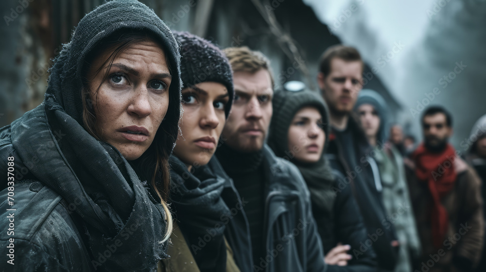 Diverse group of townspeople banding together for survival, determination in their eyes, thriller style Diverse group of townspeople banding together for survival, determination in their eyes, thriller style