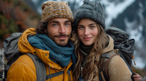 Beautiful young caucasian couple hiking on mountain with city and mountain view in background, smiling to camera, dark amber and teal colors