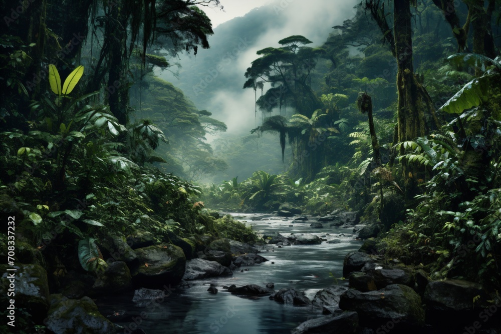 Fototapeta premium A river flowing in a lush green jungle